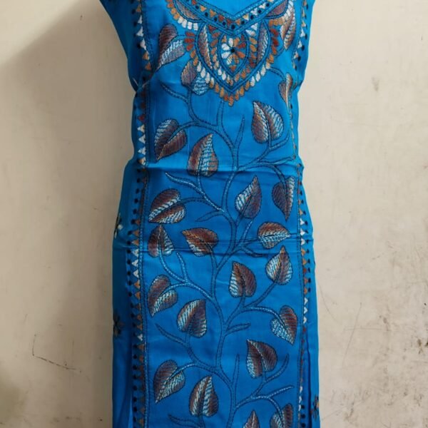 Hand-Embroidered Cotton Kantha Kurti Material – Blue Elegance