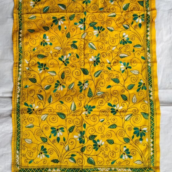 Handcrafted yellow Silk Kantha Stitch Stole