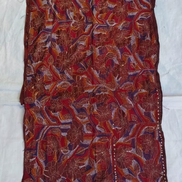 Handcrafted Maroon Multicolor Silk Kantha Stitch Stole