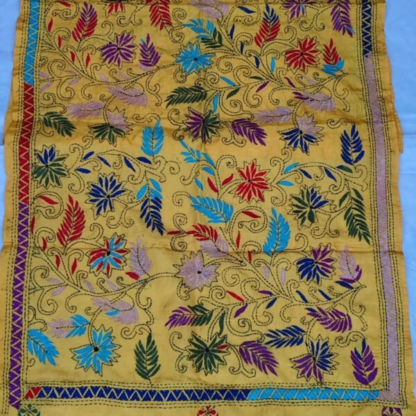 Handcrafted Yellow Silk Kantha Stitch Stole – Multicolor Floral Embroidery