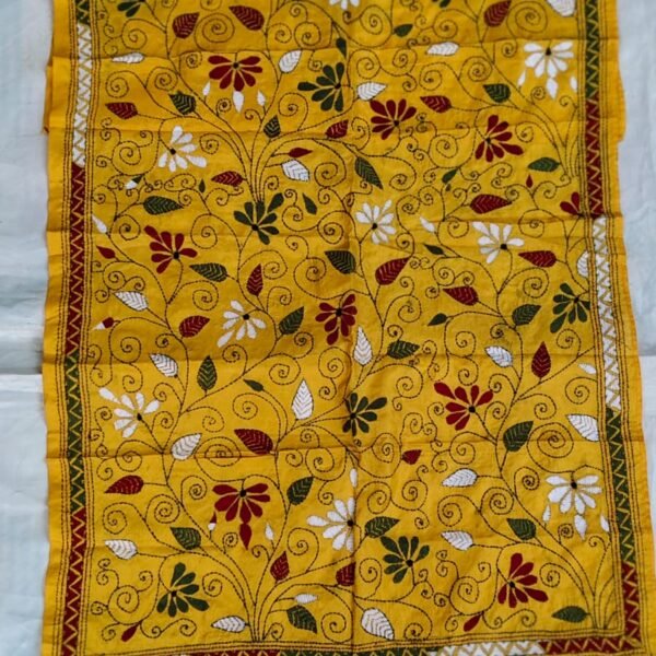 Handcrafted Yellow Silk Kantha Stitch Stole floral