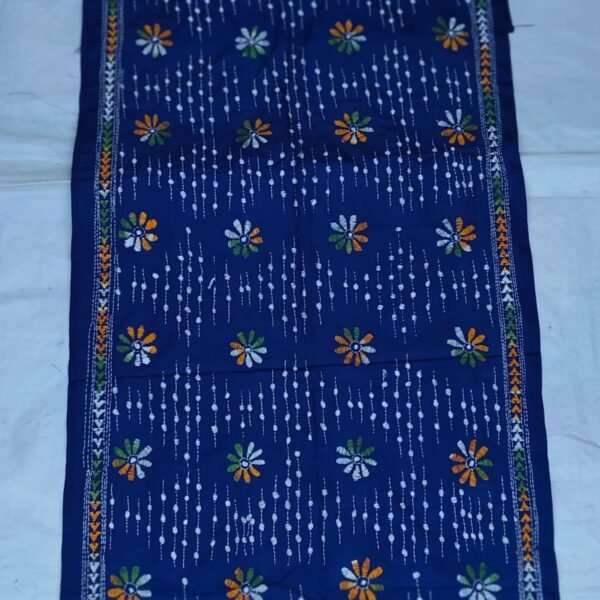 Handcrafted Navy Blue Silk Kantha Stole – Dotted Floral