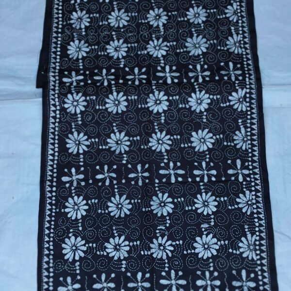 Handcrafted Black Silk Kantha Stitch Stole White floral