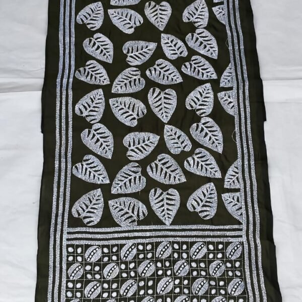 White leaf motif dark green silk kantha stole