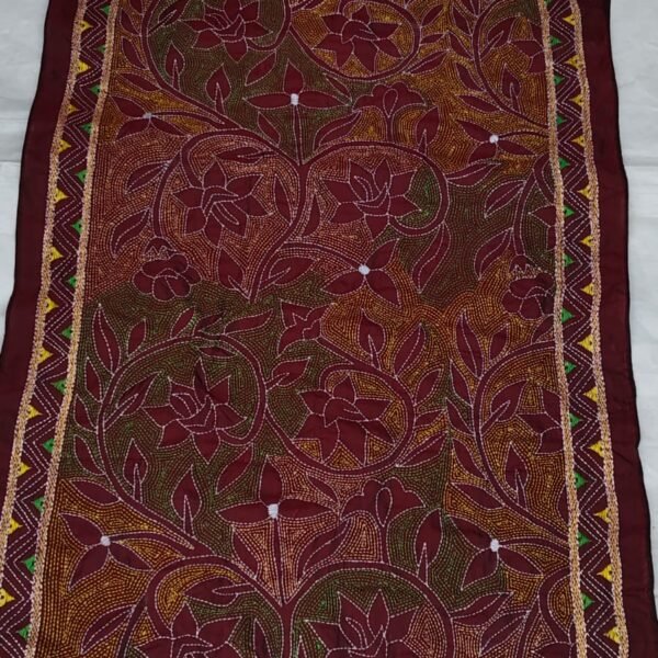Maroon Floral Silk Kantha Stitch Stole – Handcrafted Elegance