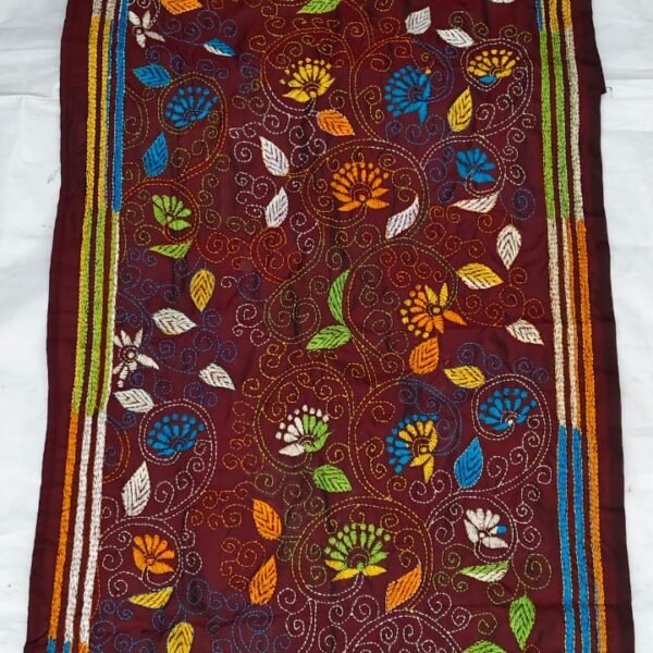 Maroon Floral Kantha Silk Stole