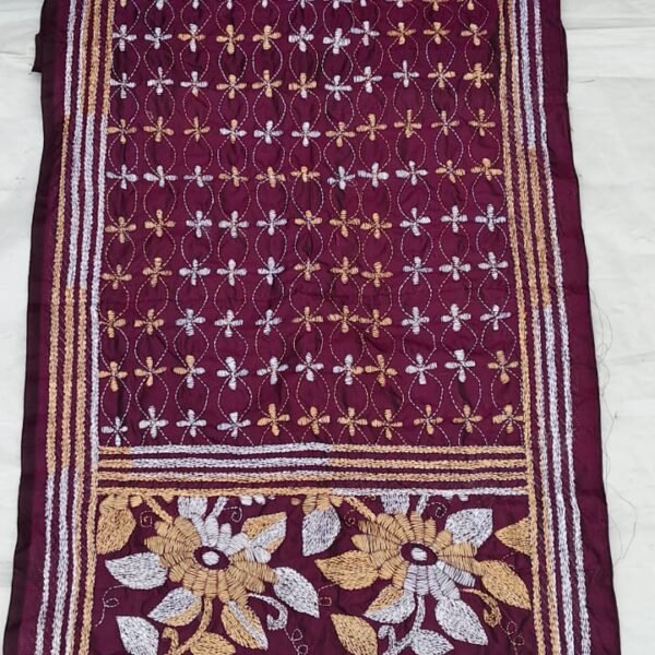 Maroon Silk Kantha Stole with Golden Floral Work