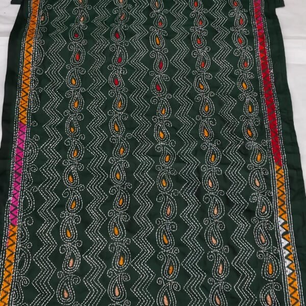 Green Silk kantha Stole with zigzag and paisley Embroidery