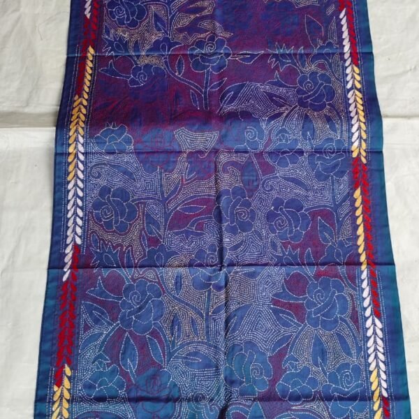 Blue-Purple Silk Kantha Stole – Floral Vine Pattern