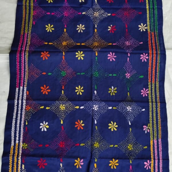Navy Blue Silk Kantha Stole – Floral Grid