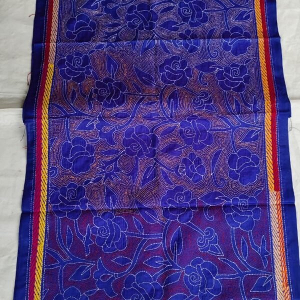Blue Silk Kantha Stole – Floral Vine Pattern