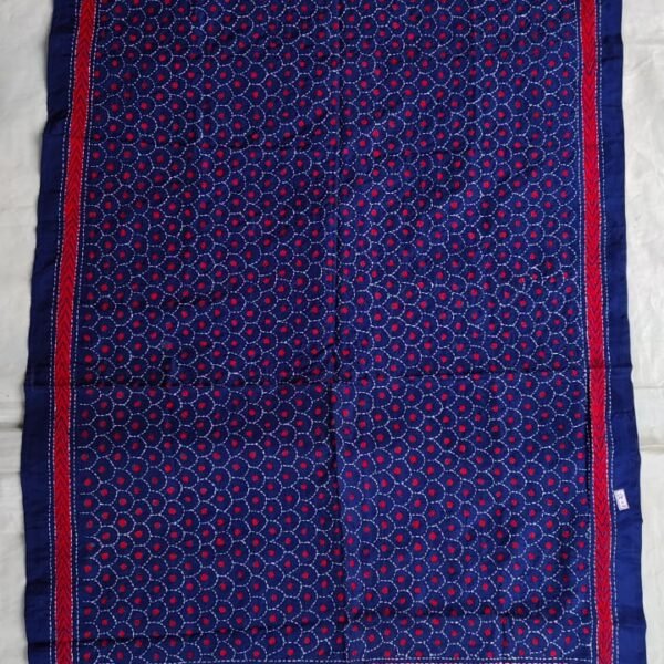 Handcrafted Blue Silk Kantha Stole Thread Red