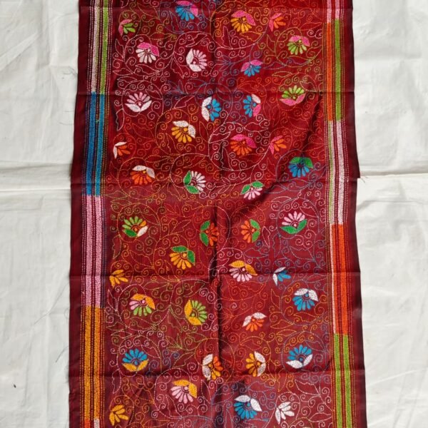 Deep Red Maroon Floral Kantha Silk Stole