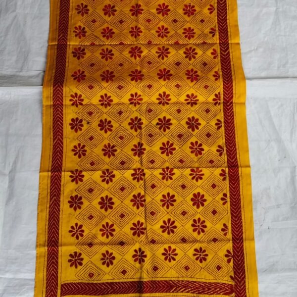 Yellow Silk Stole – Floral Kantha Embroidery