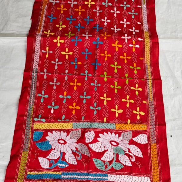 Red Silk Kantha Stole with Multicolor Floral Work