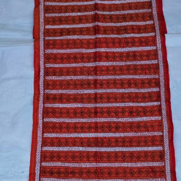 Red Silk Kantha Stitch Stole – Geometric Stripe Pattern