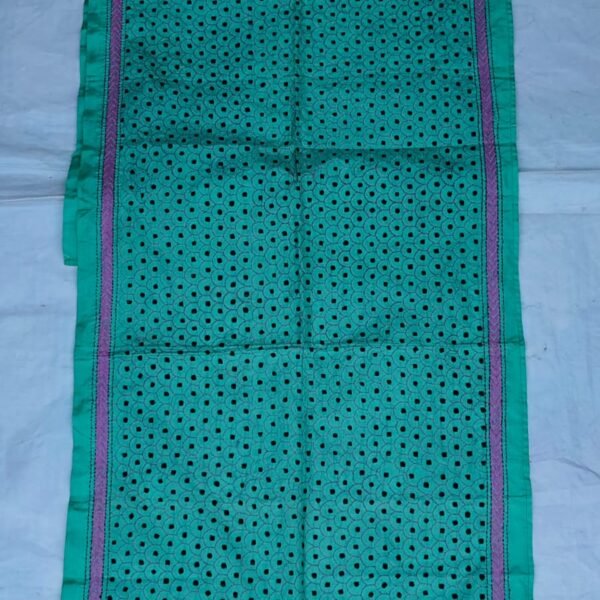 Dark Cyan Silk Kantha Stole – Black Floral Dot Pattern