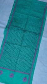 Dark Cyan Silk Kantha Stole – Black Floral Dot Pattern - Image 3