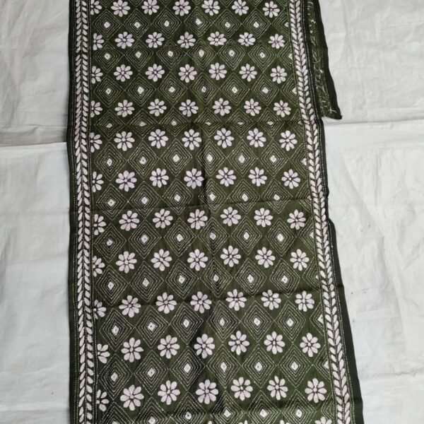 Olive Green Silk Kantha Stitch Stole – White Floral Motif
