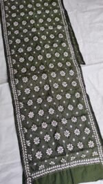 Olive Green Silk Kantha Stitch Stole – White Floral Motif - Image 3