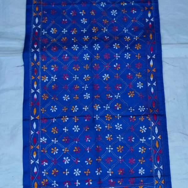 Royal Blue Silk Kantha Stitch Stole – Multicolor Floral Embroidery