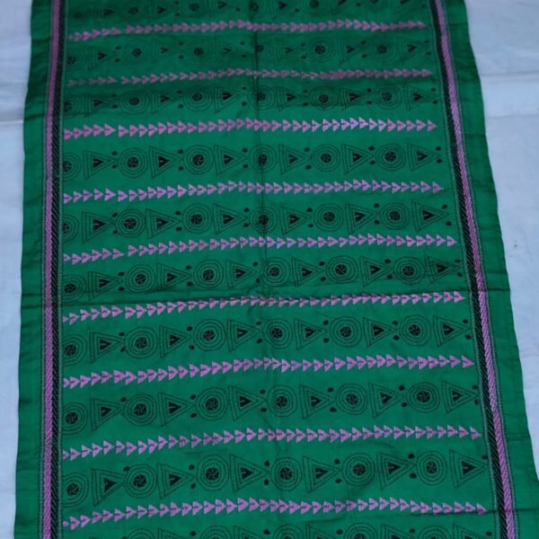 Emerald Green Silk Kantha Stitch Stole – Geometric Tribal Embroidery
