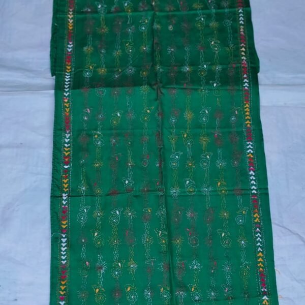 Forest Green Silk Kantha Stitch Stole – Floral Embroidery