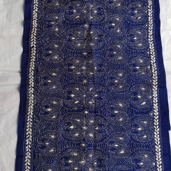 Navy Blue Silk Kantha Stitch Stole – Traditional Paisley Elegance
