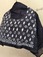 Black Silk Kantha Blouse Material Fabric with White Thread - Image 4
