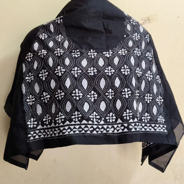 Black Silk Kantha Blouse Material Fabric with White Thread