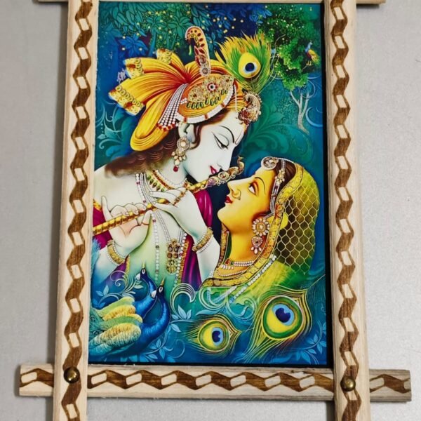 Colorful Wooden Wall Frame with Radha Krishna Divine Love Portrait