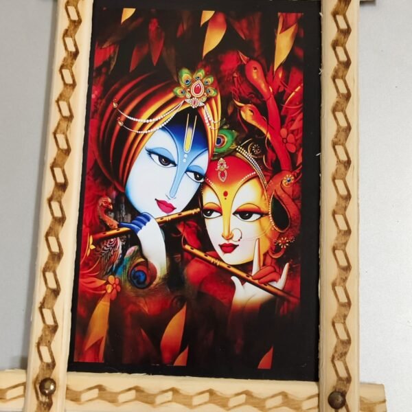 Divine Radha Krishna Abstract Wall Frame in Wooden Handcrafted Border – Bold Red Theme