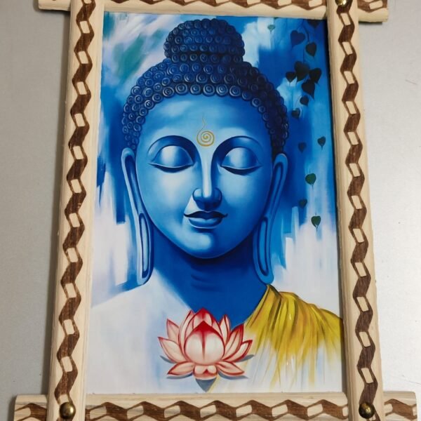 Blue Buddha Portrait in Handcrafted Wooden Wall Frame – Peace & Meditation Art