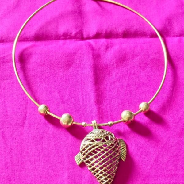 Handcrafted Dokra Fish Pendant Necklace | Tribal Brass Hasuli Jewellery