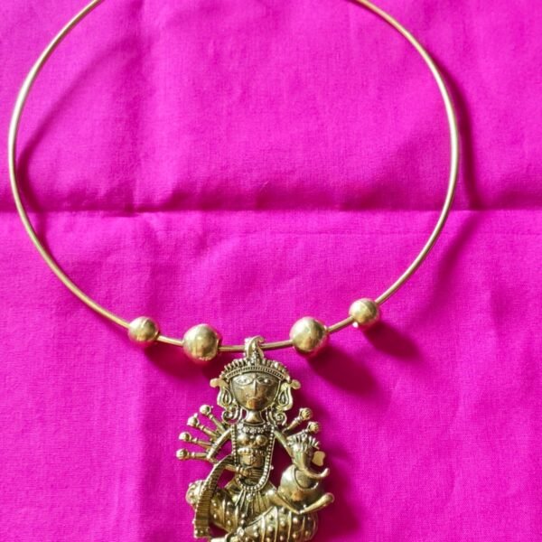 Handcrafted Dokra Saraswati Pendant Necklace | Tribal Brass Hasuli Jewellery