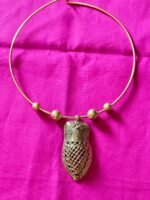 Handcrafted Dokra Shell Motif Pendant Necklace | Tribal Brass Hasuli - Image 2