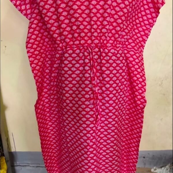 Soft Cotton Printed Kaftan Nighty – Pink with White Floral Pattern