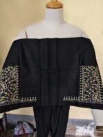 Black Cotton Kantha Stitch Hand Embroidered Blouse Piece - Image 4