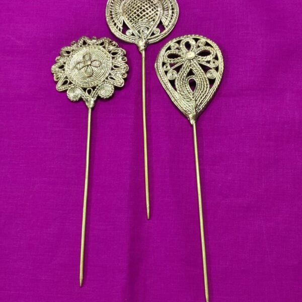 Set of 3 Handcrafted Dokra Brass Hair Pins – Tribal Art Collection