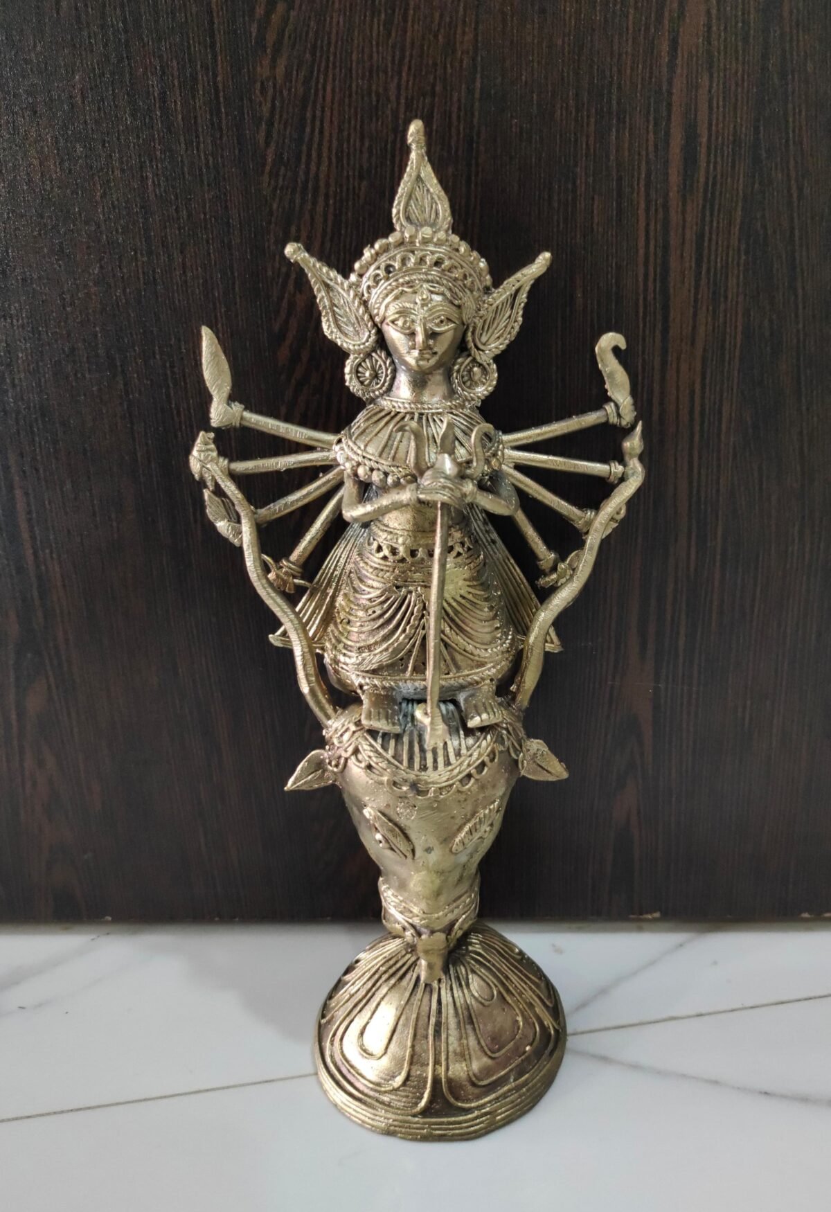 Handcrafted Dokra Brass Durga Idol on Mahishasura – Tribal Art Showpiece - Image 1