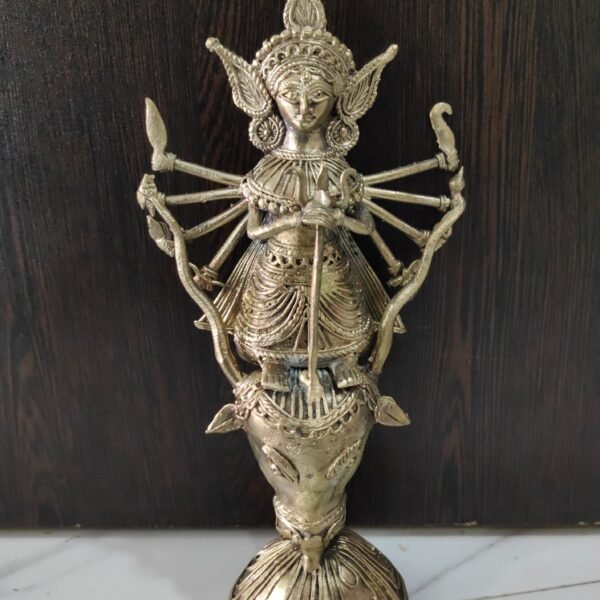 Handcrafted Dokra Brass Durga Idol on Mahishasura – Tribal Art Showpiece