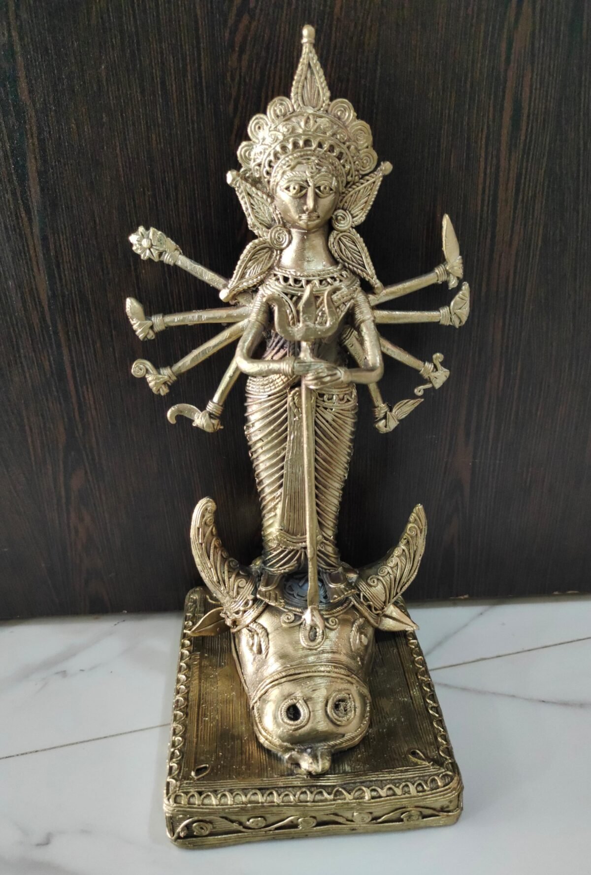 Dokra Brass Durga Idol Standing on Buffalo – Tribal Metal Craft - Image 1