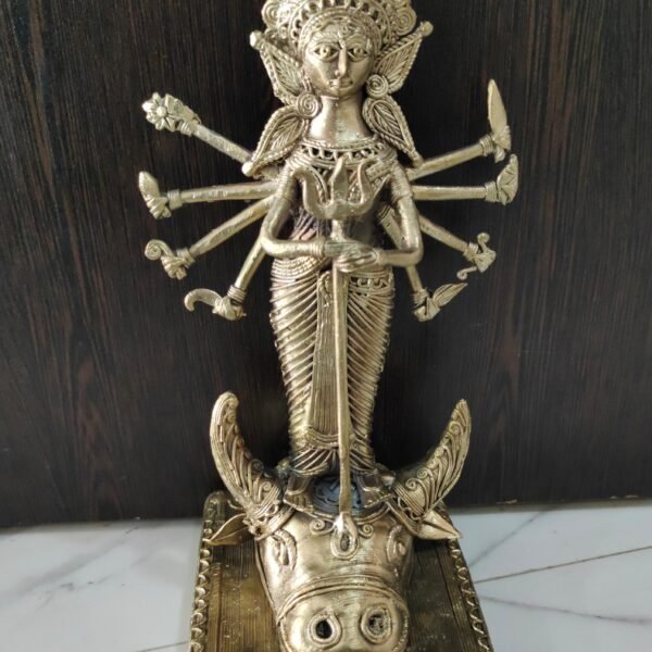 Dokra Brass Durga Idol Standing on Buffalo – Tribal Metal Craft