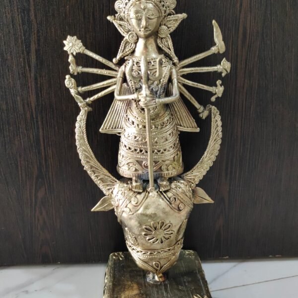 Dokra Brass Durga Idol Standing on Buffalo – Tribal Metal Craft