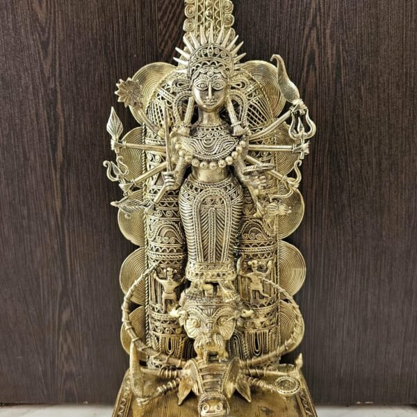 Grand Dokra Brass Durga Idol – Intricate Tribal Art on Mahishasura