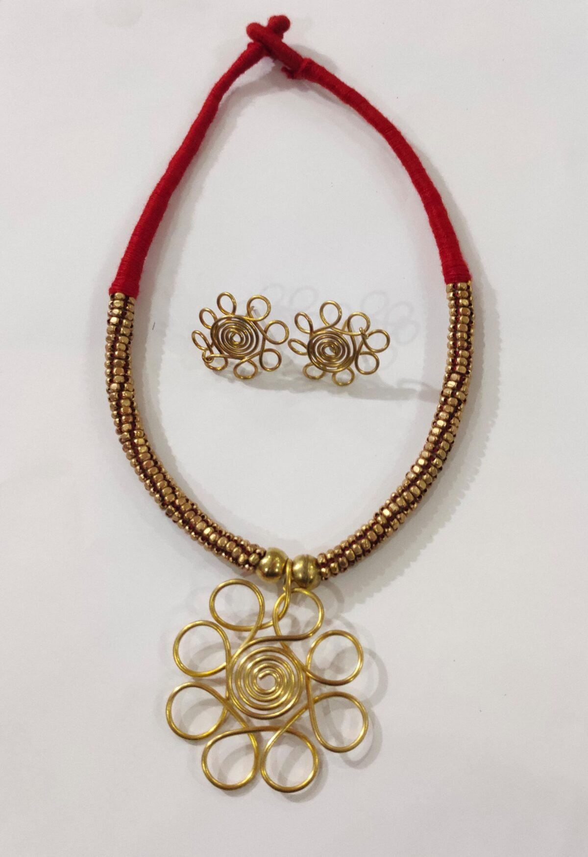 Handcrafted Dokra Brass Floral Pendant Necklace Set - Image 1