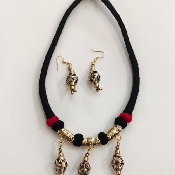 Ethnic Dokra Brass Bead Necklace Set with Black Thread