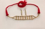 Handcrafted Brass Bead Choker Necklace Set with Red Thread and Matching Earrings