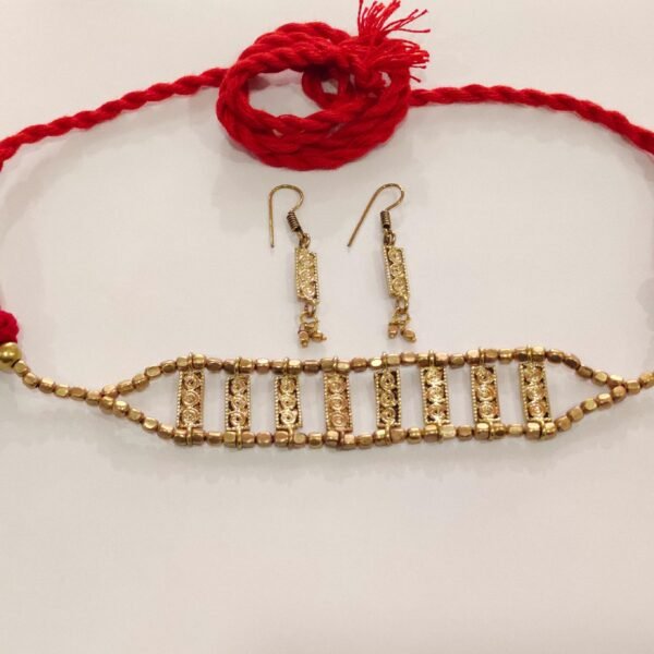Handcrafted Brass Bead Choker Necklace Set with Red Thread and Matching Earrings