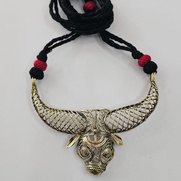 Handcrafted Dokra Brass Bull Head Necklace with Black Thread